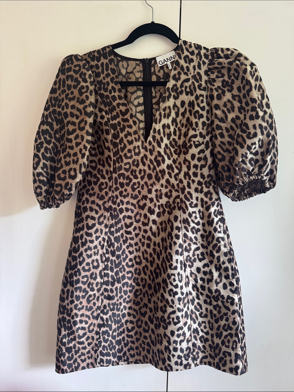 Ganni Leopard-Print Puff-Sleeve Dress in Brown and Black